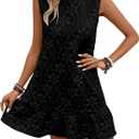 Women's Ruffle Hem Jacquard Dress Casual Sleeveless Tank Floral Mini Dress Smock Wedding Guest Dresses (Black)