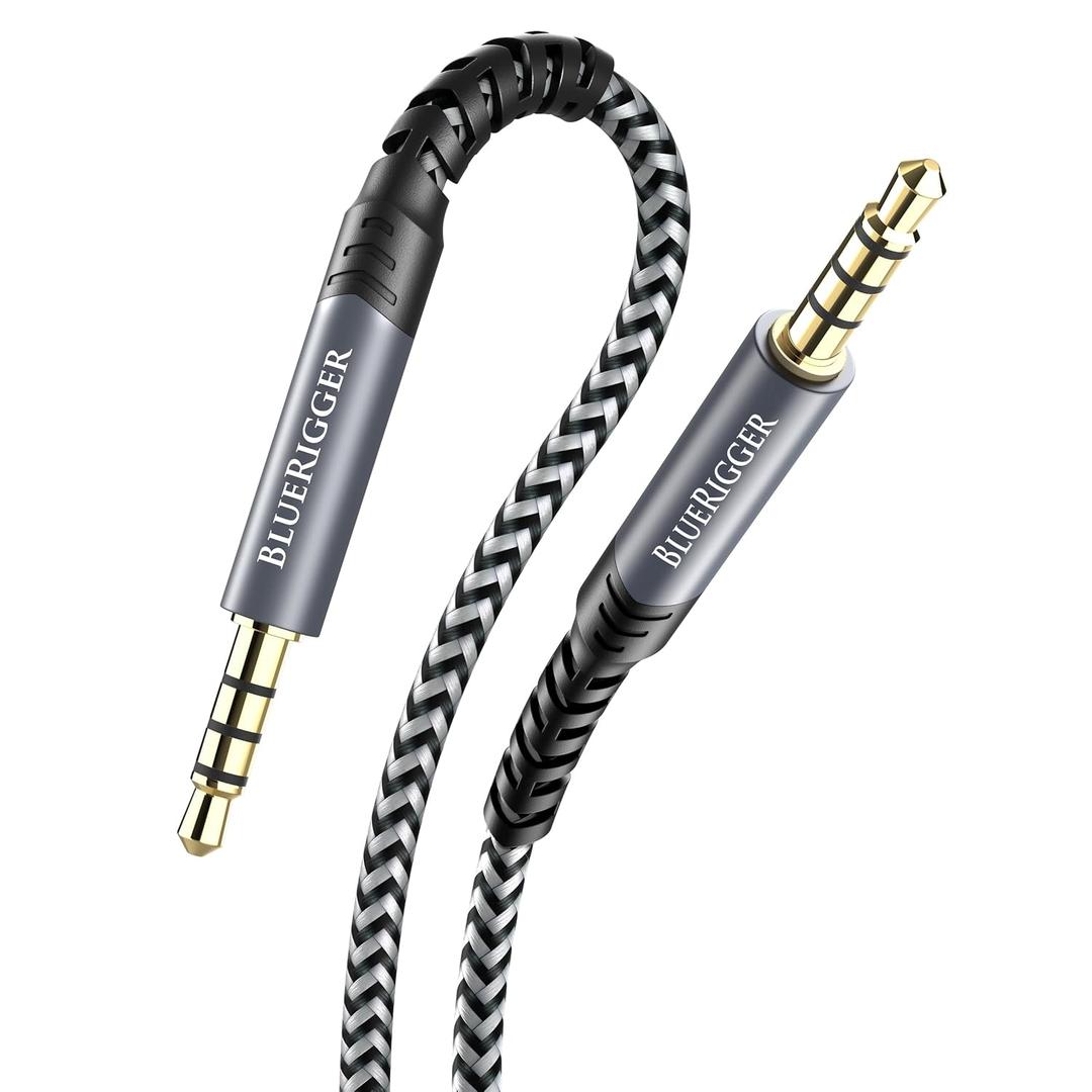 BlueRigger 3.5mm TRRS Audio Cable - (15FT, 4-Pole Male to Male AUX Cord, 1/8" inch TRRS Jack, HiFi Stereo, 4 Conductor Auxiliary Cord) - Compatibility with Phone, Tablet, Car Stereo, Headphones