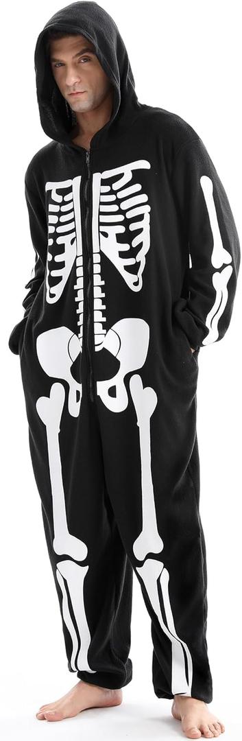 Men Halloween Skeleton Costume Onesie Jumpsuit for Adult Plus Size Cozy Pajamas Hoodie Outfit Suit Scary Cosplay (XX-Large, Black)