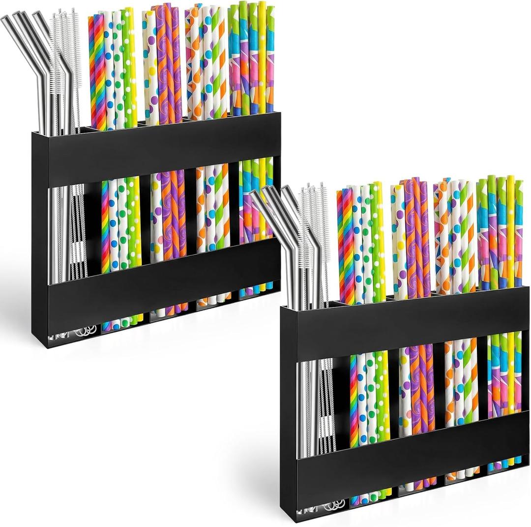 2 PCS Straw Holder for Cabinet Door, 6.5x10 Inch Straws Storage Self-Adhesive Straw Organizer Cabinet Straws Holder for Kitchen Refrigerators, Wall Hanging and Brush Storage-Black