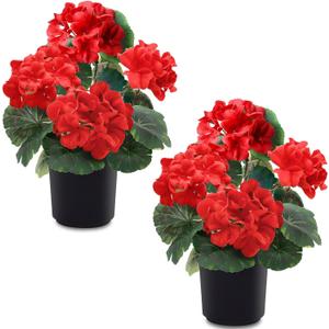 2 Pack Artificial Geranium Fake Flowers for Outdoors Spring Summer Decor, Silk Geraniums Red Flowers UV Resistant Faux Flower Potted Plants for Gardens Farmhouse Indoor Home Table Decor (Red)