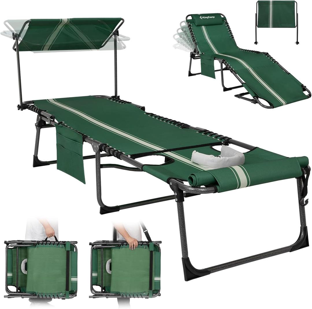 KingCamp Tanning Chair with Face Hole, Lounge Chairs Outdoor Folding Portable Comfy Adjustable 5-Position Foldable Chaise Chaser with Canopy Shade for Outside Beach Patio Sun Bathing Pool, Green/White