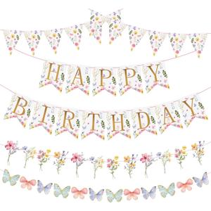 Pre-strung Flower Happy Birthday Banner, Floral Party Decorations, Women Birthday Decorations Wildflower, Wild One Flower Party Decor Girl (Pink Purple)