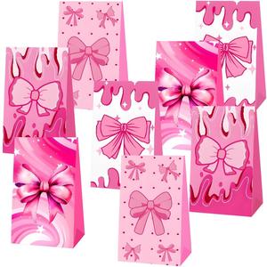 OUSHISS 12Pcs Coquette Pink Bow Party Paper Gift Bags, Girl Bow Birthday Party Treat Bags, Coquette Birthday Goodie Candy Bags for Bow Birthday Baby Shower Bridal Shower Bachelorette Party Supplies