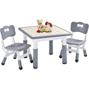FUNLIO Kids Table and 2 Chairs Set, Height Adjustable Toddler Table and Chair Set for Ages 3-8, Easy to Wipe Arts & Crafts Table, for Classrooms/ Daycares/ Homes, CPC & CE Approved (3pcs Set) - Gray
