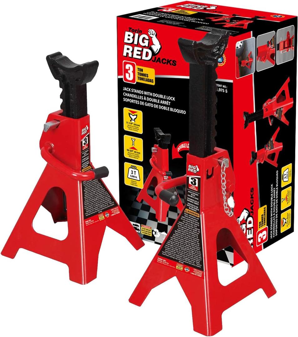 BIG RED T43002A Torin Steel Jack Stands: Double Locking, 3 Ton (6,000 lb) Capacity, Red, 1 Pair