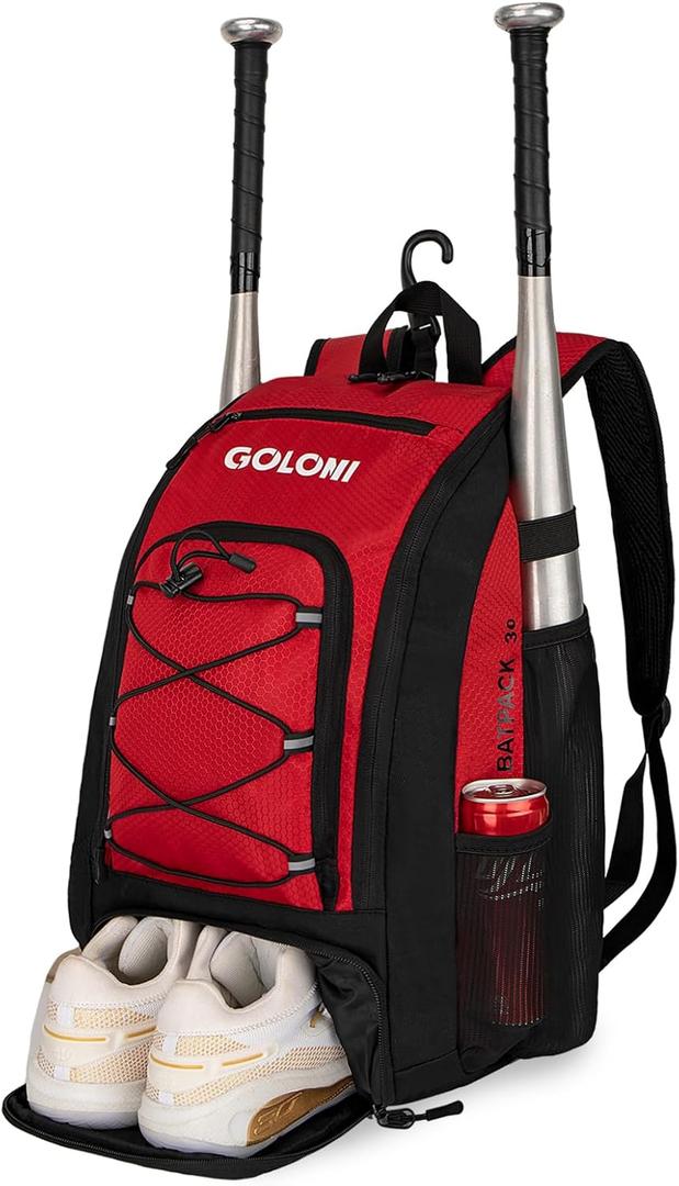 Goloni 40L Baseball Bag, Softball Bat Bag with Shoes Compartment,Fence Hook,Backpack for Baseball, T-Ball & Softball Equipment & Gear (Red)