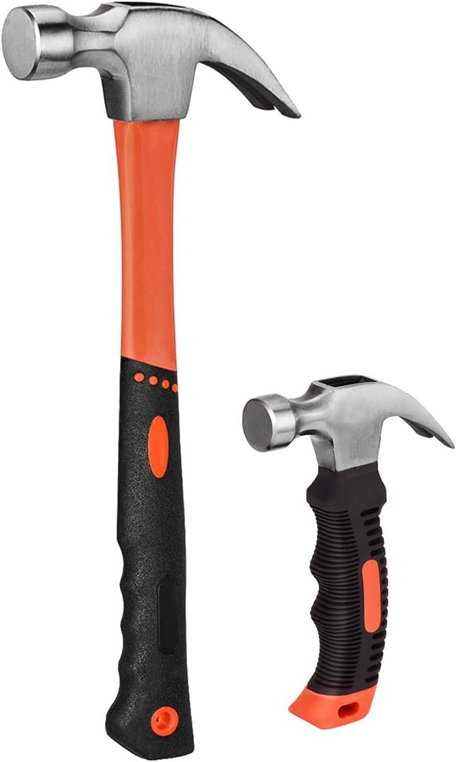 2 Piece Hammer Set,includes 1 Pack 8 OZ Mini Stubby Claw Hammer and 1 Pack 16 OZ Fiberglass General Purpose Claw Hammer,Soft Nonslip Handle & Heat Treated Head,Heavier for Higher Hardness