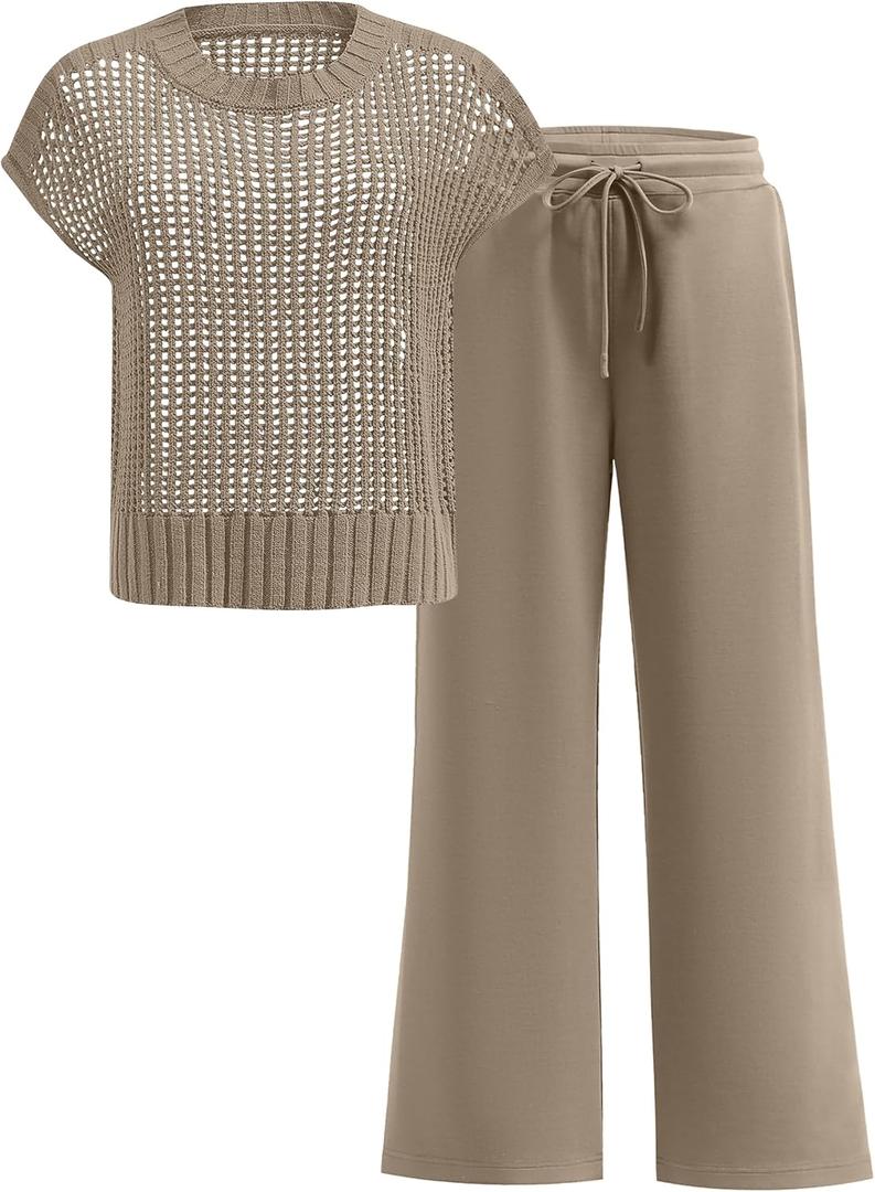 ANRABESS Women Two Piece Outfits Crochet Sheer Knit Sweater Top Wide Leg Pants Lounge Matching Sets Sweatsuit Travel Clothes (Beige, L)