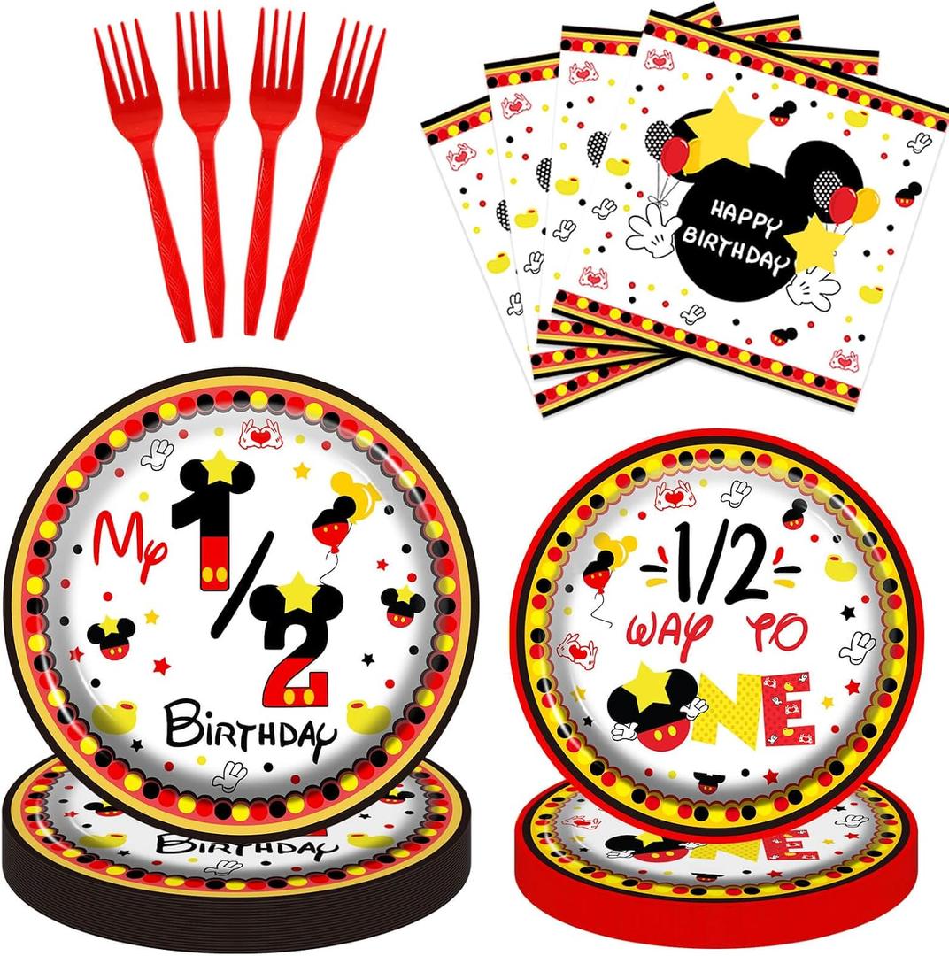 80pcs Red Cartoon Six Months Birthday Party Supplies - 1/2 Way to One Dessert Plates Napkins Tableware Kit for Boys 6 Months/Half One Birthday Party Decorations