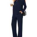 Sweetyweee 2 Piece Thermal Maternity Lounge Set Postpartum Pregnancy Fleece Loungewear Long Sleeve Top and Wide Leg Pant(Navy Blue,Small)