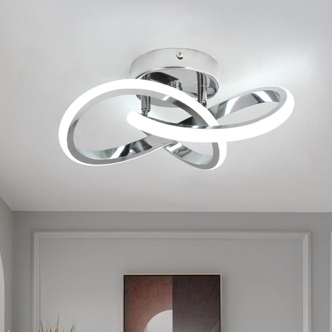 CANEOE Hallway Light Acrylic Modern LED Ceiling Light Fixtures Cool White 6000K Close to Ceiling Lights for Bedroom Bathroom Kitchen Balcony Corridor Stair Aisle Curved Creative Design Celing lamp,Color: Chrome, 6000K