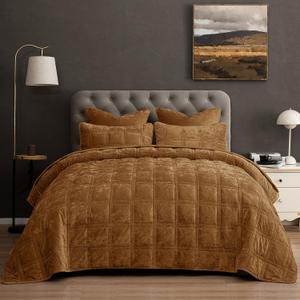 PHF Diamond Pattern Luxury Velvet Quilt Set King Size, Rusty Burnt Orange