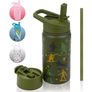 14 OZ Kids Water Bottle with Straw & 2 Lids (Flip & Spout) Leak Proof Metal Insulated Stainless Steel Reusable Tumbler for School & Sports Water Bottle - Green (Army)