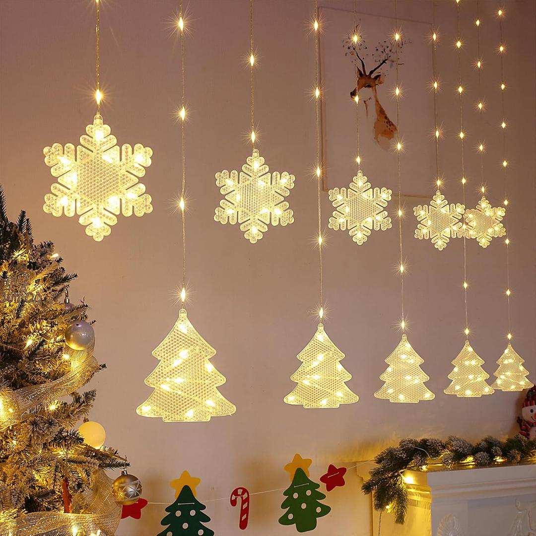 BLOOMWIN Christmas Window Lights Indoor - 2M 160 LED Christmas Window Decorations, Snowflake Curtain Hanging Fairy String Icicle Lights for Xmas Noel Bedroom Holiday Home Outdoor, Warm White USB