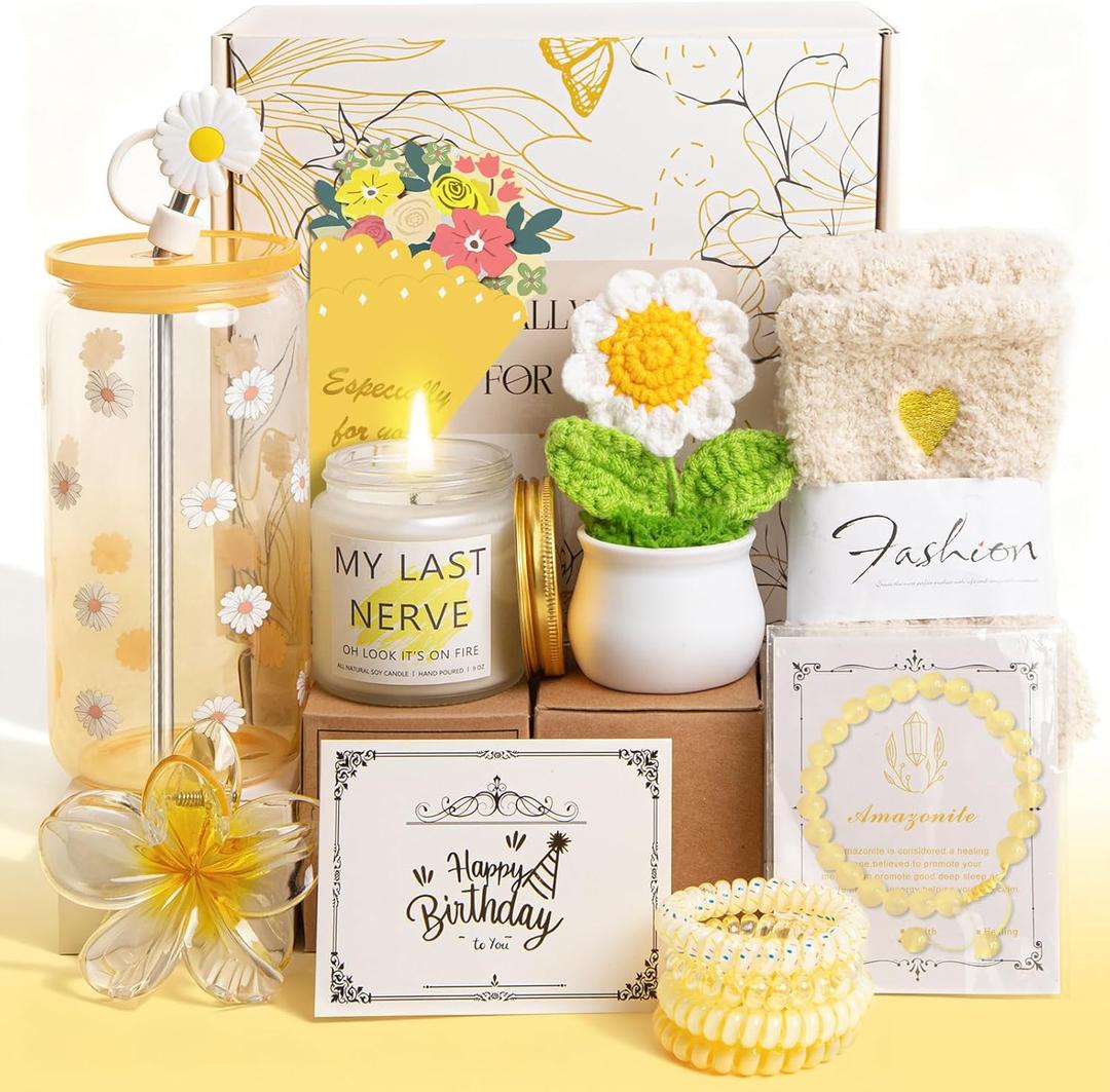 Birthday Gifts for Women, Teen Girls, Her, Unique Happy Birthday Gift Baskets for Best Friend Sister Daughter, Women Christmas Gifts Box for Girls Wife Girlfriends, 14pcs Cute Daisy Gift Set(Yellow)