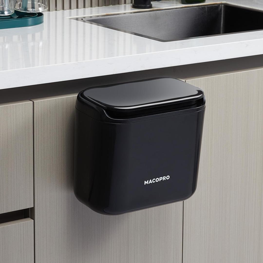 Hanging Small Trash Can with Lid Under Sink for Kitchen, Food Waste Bin for Countertop Compost Bin with Lid, Wall Mount Mountable Garbage Can for Bathroom, RV, 6.8L/1.8 Gal (Black)