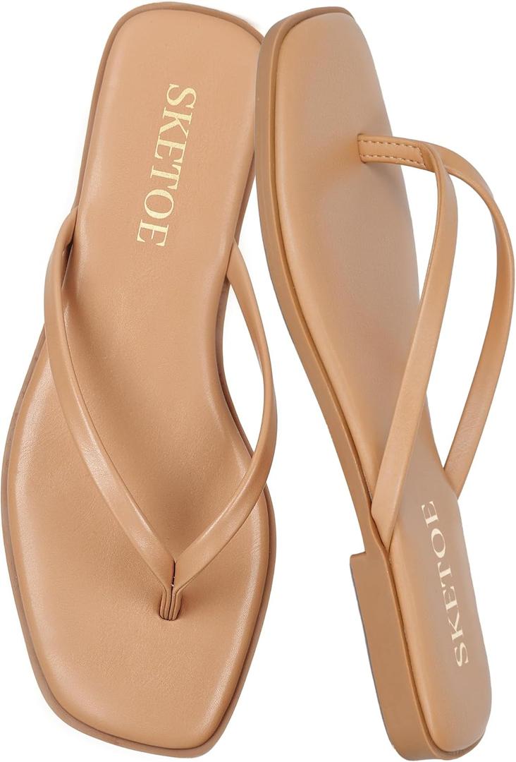 Flip Flops for Women Square Toe Flat Sandals for Women Comfortable Thong Sandals Leather Flip Flops Lightweight Summer Beach Sandals Dressy Vacation Essentials Slides (7, Taupe)