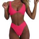 geluboao Two Piece Bright Pink Bathing Suits for Teen Sexy V Neck Bikini Bras Cheeky High Cut Thong Bikini Bottom XL