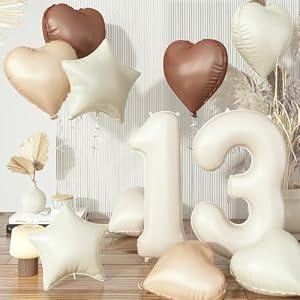 Cream 13 Balloons Decor, Beige Nude Apricot Brown Tan Foil Star Heart Balloons, 40'' White Sand Helium Neutral Number 13 Balloon for Girls 13th Birthday Wedding Anniversary Party Decoration Supplies