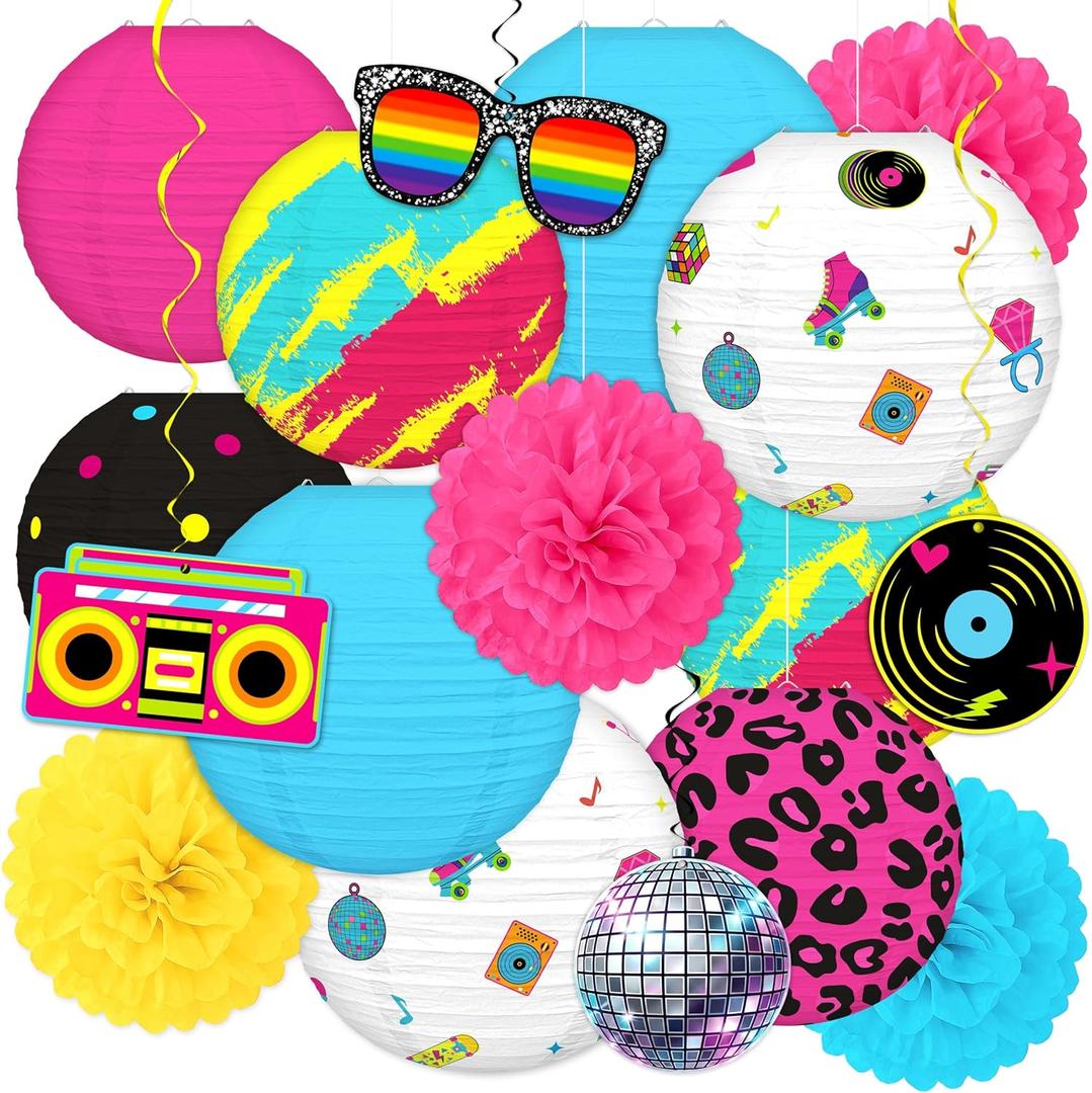 17Pcs 80s Party Decorations, Retro Disco Paper Lanterns for 1980s Theme Birthday, Home Hanging Decor