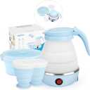 Travel Foldable Electric Kettle, Portable Kettle for Fast Water Boiling Tea Coffee, with 1 Collapsible Bowl and 2 Cups, Food Grade Silicon, 600ML 110V