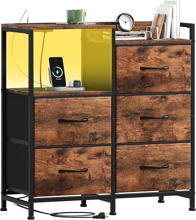 Somdot White Nightstand with Charging Station and LED Light, Wide 5 Drawers Dresser for Bedroom with Fabric Bins and Open Shelf for Bedroom Kids Closet Dorm Guest Room, Wood Grain Print