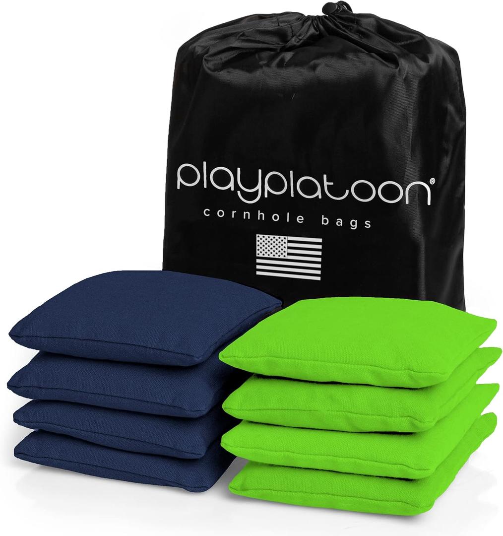 Play Platoon Cornhole Bags Weather Resistant- Set of 8 Regulation Bean Bags for Tossing- Official Professional Size & Weight Corn Hole Bags Two Color All Weather Cornhole Beans Bag Set with Tote Bag (Navy Blue & Lime Green)