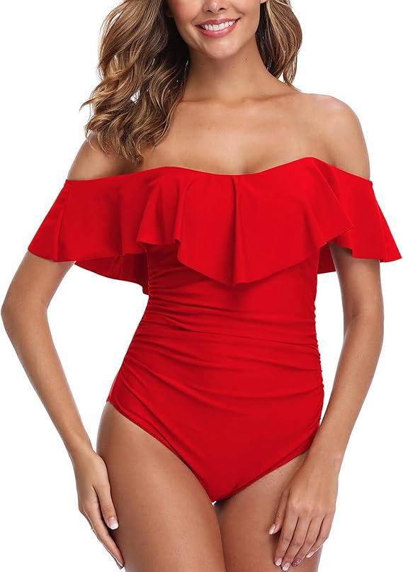 ZINPRETTY Womens Retro One Piece Bathing Suit Tummy Control Off Shoulder Swimsuit Flounce Ruffled Monokini Full Coverage (Small, Red Swimsuit)