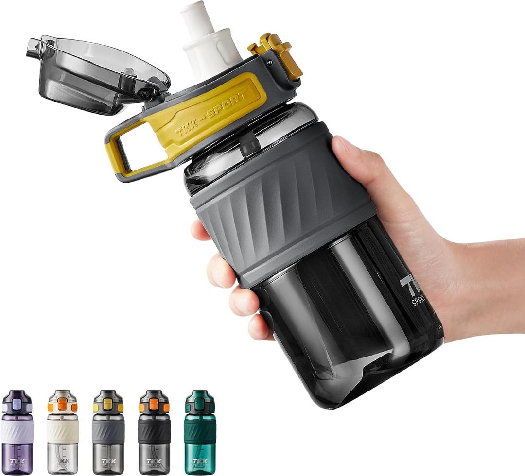 TKK 15oz Sports Water Bottles with Removable Straw Durable BPA Free Tritan Bottles Leak-Proof Water Bottles for School, Fitness, Gym, Outdoor, Grey