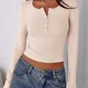 PRETTYGARDEN Women's 2025 Summer Long Sleeve Henley T Shirts Ribbed Knit Button Slim Fitted Basic Casual Going Out Fall Tops (Beige, L)