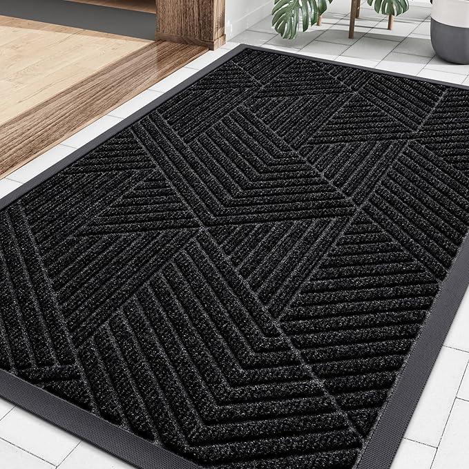 Smiry Front Door Mat Outside Entrance, Low Profile Rubber Doormat, Black, Sturdy Heavy Duty Mat Trap Dirt and Moisture, Easy Clean for Indoor Outdoor Entry