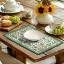 Green Floral Boho Placemats Set of 4, 12x18 Inch Vintage Chinoiserie Block Print Place Mats Seasonal Spring Summer Rustic Farmhouse Table Mats for Party Kitchen Dining Outdoor Indoor Decor