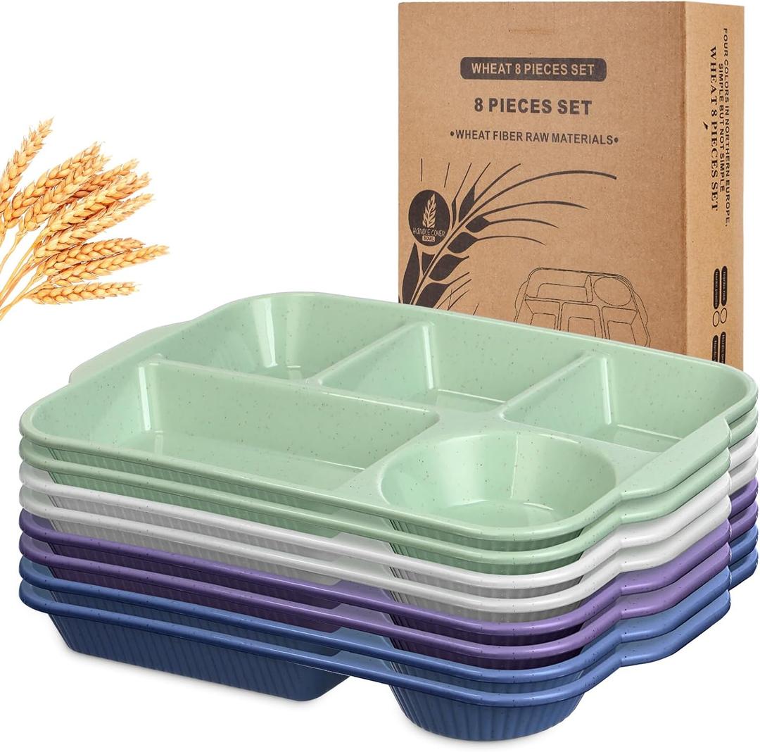 Pinkunn 8 Pcs 13'' Large Divided Plates Unbreakable Wheat Straw Dinnerware Lunch Trays Lightweight Reusable Plastic Compartment Microwave Dishwasher Safe Separator Plates(Classic)