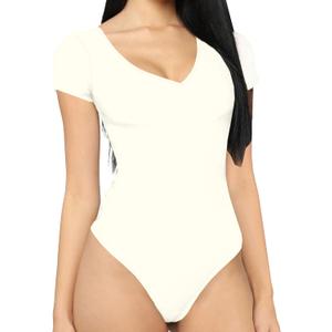 MANGDIUP Bodysuit For Women Short Sleeve V-Neck Casual Stretchy Basic T Shirt Bodysuit (Medium)