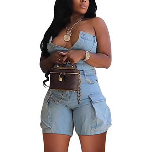 Unybwonn Women Sexy Denim Cargo Romper Strapless Sleeveless Stretch Jean Jumpsuit One Piece Overalls Shorts Clubwear L