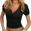 CSDAJIO Women's Short Sleeve Deep V Neck Lace Top Ruhced Front Low Cut T Shirt Fitted Cropped Tee (XS)