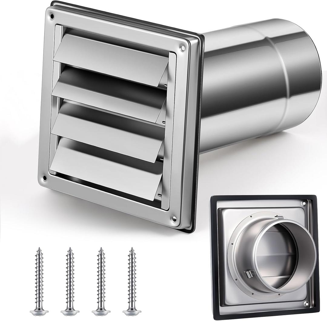 Shimeyao 4" Wall Vent Cover Stainless Steel Outside Dryer Vent Covers for House Exhaust Duct Kit with Removable Extension Pipe 8 Inch and 4 Screw for House Outdoor Extended Air Pipe, Silver