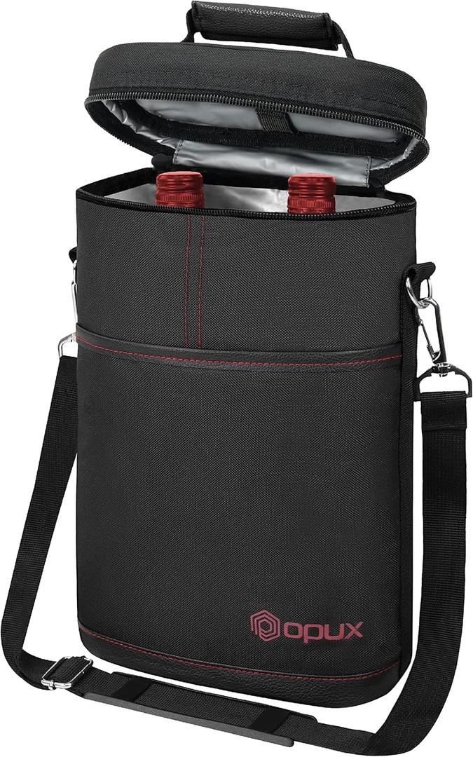 opux 2 Bottle Wine Carrier Tote, Insulated Leakproof Wine Cooler Bag, Wine Travel Bag Tote for Picnic BYOB Beach, Portable Wine Bottle Carrying Case, Gift for Wine Lover Women Men Christmas, Black