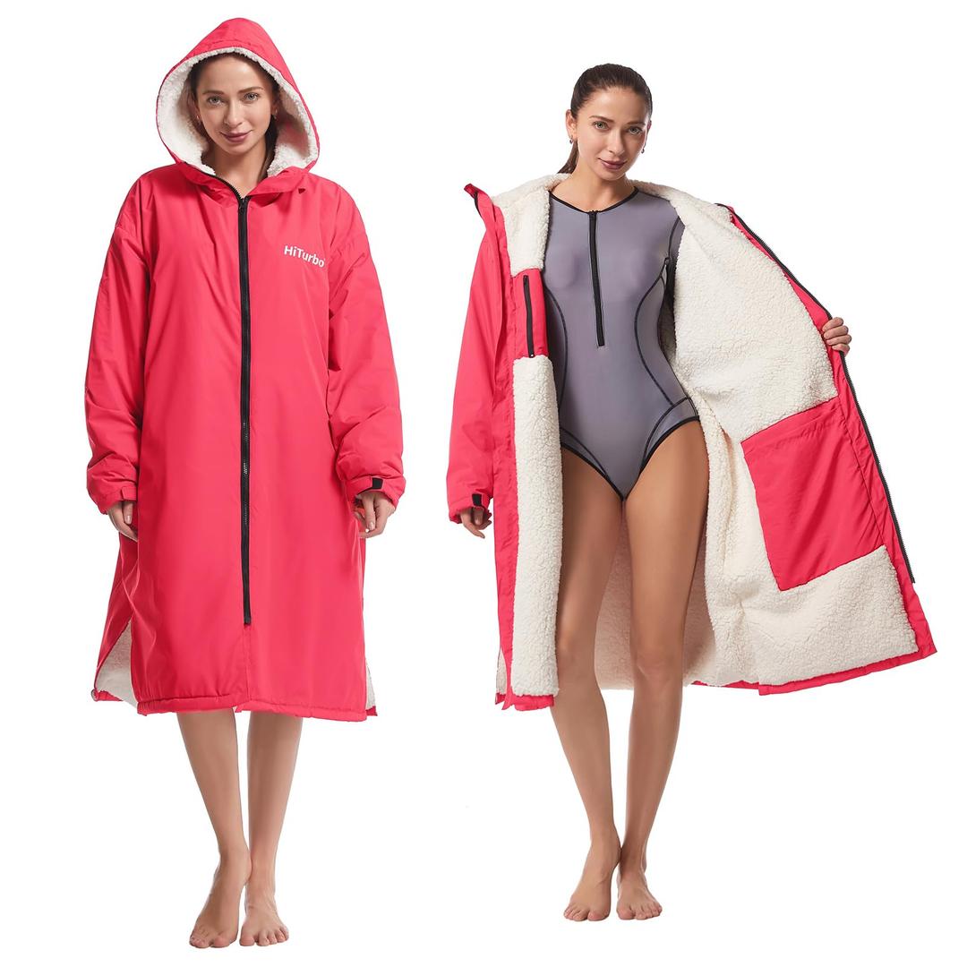 Hiturbo Warm Waterproof Swim Parka: Windproof Hooded Changing Robe | Sherpa Lined Swimming Coat | Oversized Fleece Surf Poncho | Recycled Fabric Swim Jacket | Pool Beach Watersports Wear Medium