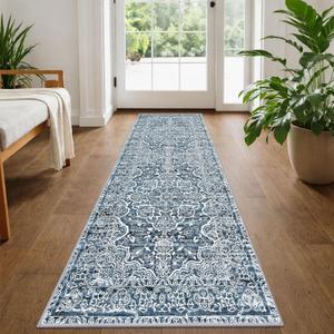 KUTA Vintage Washable Runner Rug, 2x5 Runners Non-Slip Blue White 5ft Hallway Kitchen Rugs Ultra Soft Printed Floral Distressed Tribal Farmhouse Carpet for Bedroom Entryway Decor