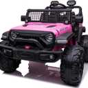 2 Seaters Kids Ride On Truck with Remote Control, 24V 9Ah 20" Large Seat + 15.5" Large Wheels, Electric Riding Car with Led Light,Storage Space, Bottle Holder,Music, Horn,USB for Toddlers Gift,Pink