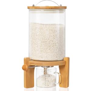 5-7 Lbs Glass Rice Dispenser with Wooden Stand Flour and Cereal Container with Glass Measuring Cup Pantry Food Organization Storage Bin with Airtight Bamboo Lid, 3L