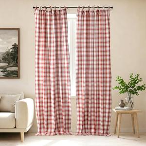 THE ART BOX Buffalo Plaid Tie-Top Curtains  2 Panels, 96"x42", Farmhouse Style Window Drapes for Living Room, Bedroom, Kitchen  Rust Red/White Check