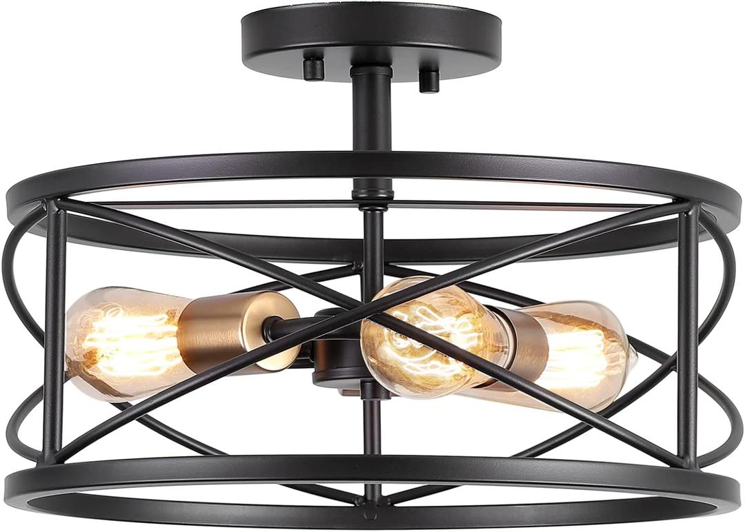 3-Light Semi Flush Mount Ceiling Light, 14-inch Industrial Modern Farmhouse Lighting Fixture with Metal Cage, Oil Rubbed Bronze Finish Ceiling Lamp for Kitchen Hallway Bedroom Living Room