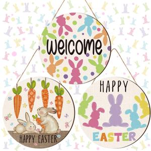 3 Pcs Happy Easter Door Hanger Decoration Easter Rabbit Wooden Door Sign Bunny Welcome Wreath for Front Decor for Farmhouse Home Living Room Decor, 11.8 x 11.8 Inch