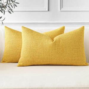 OTOSTAR Pack of 2 Throw Pillow Covers 16x24 Inch Linen Yellow Pillowcases Farmhouse Decorative Solid Pillow Covers 40x60 cm Lumbar Cushion Case for Home Decor Sofa Couch Bed (Yellow)