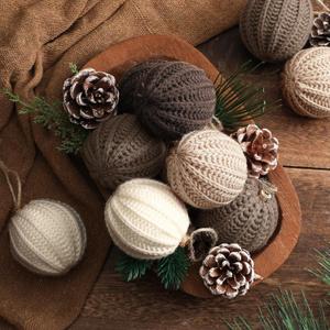 VioraWhite 12 Pcs Neutral Christmas Ornaments, 2.36 Inch Brown Crochet Christmas Balls Modern Rustic Handmade Knitted Woven Cotton Baubles for Xmas Tree Farmhouse Holiday Decor (Light Beige, Tan, Brown, White)