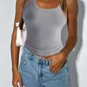 Women's Sleeveless Scoop Neck Knit Ribbed Seamless T-Shape Tank Top Fitted Casual Racerback Blouses (Gray, L)