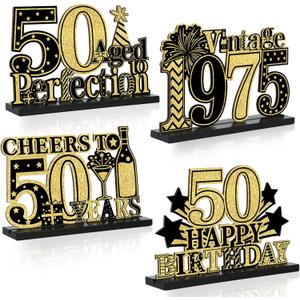 4 Pcs 50th Birthday Table Decorations Vintage 1975 Black Gold Birthday Party Centerpieces Aged to Perfection 50th Birthday Decorations Cheers To 50 Years Table Topper Wooden Decor for Men 50 Years Old